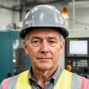 P. Janssen in een productieomgeving met veiligheidshelm